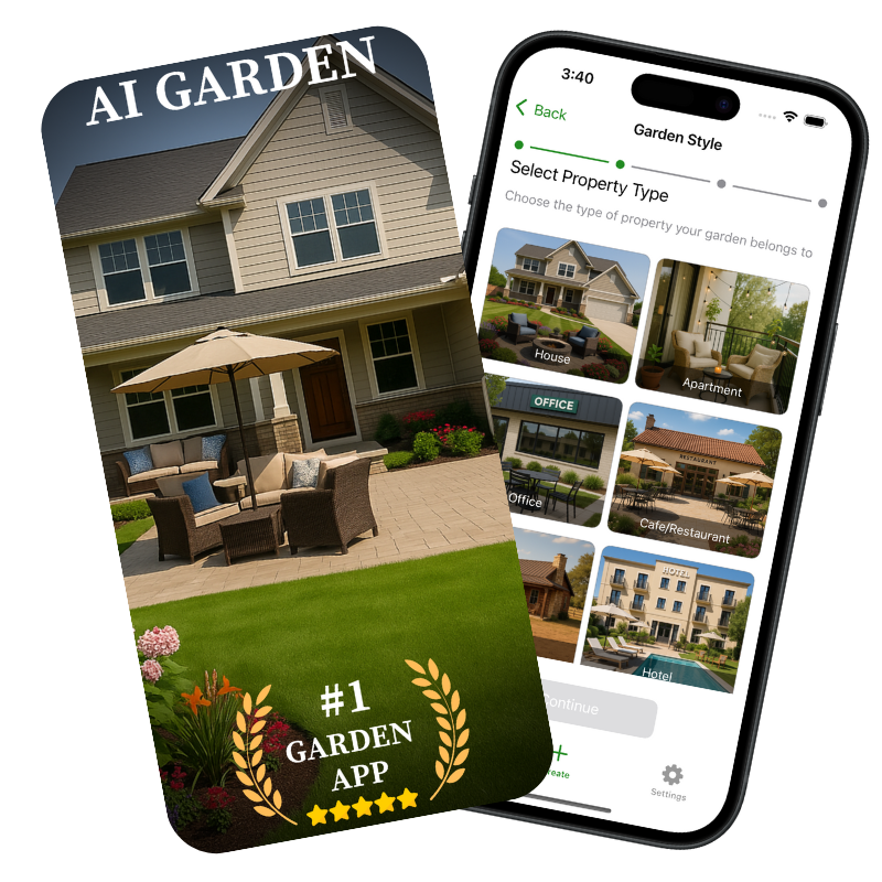 AI Garden Design landscape planner app showing patio design, garden ai transformations, and home outside improvements